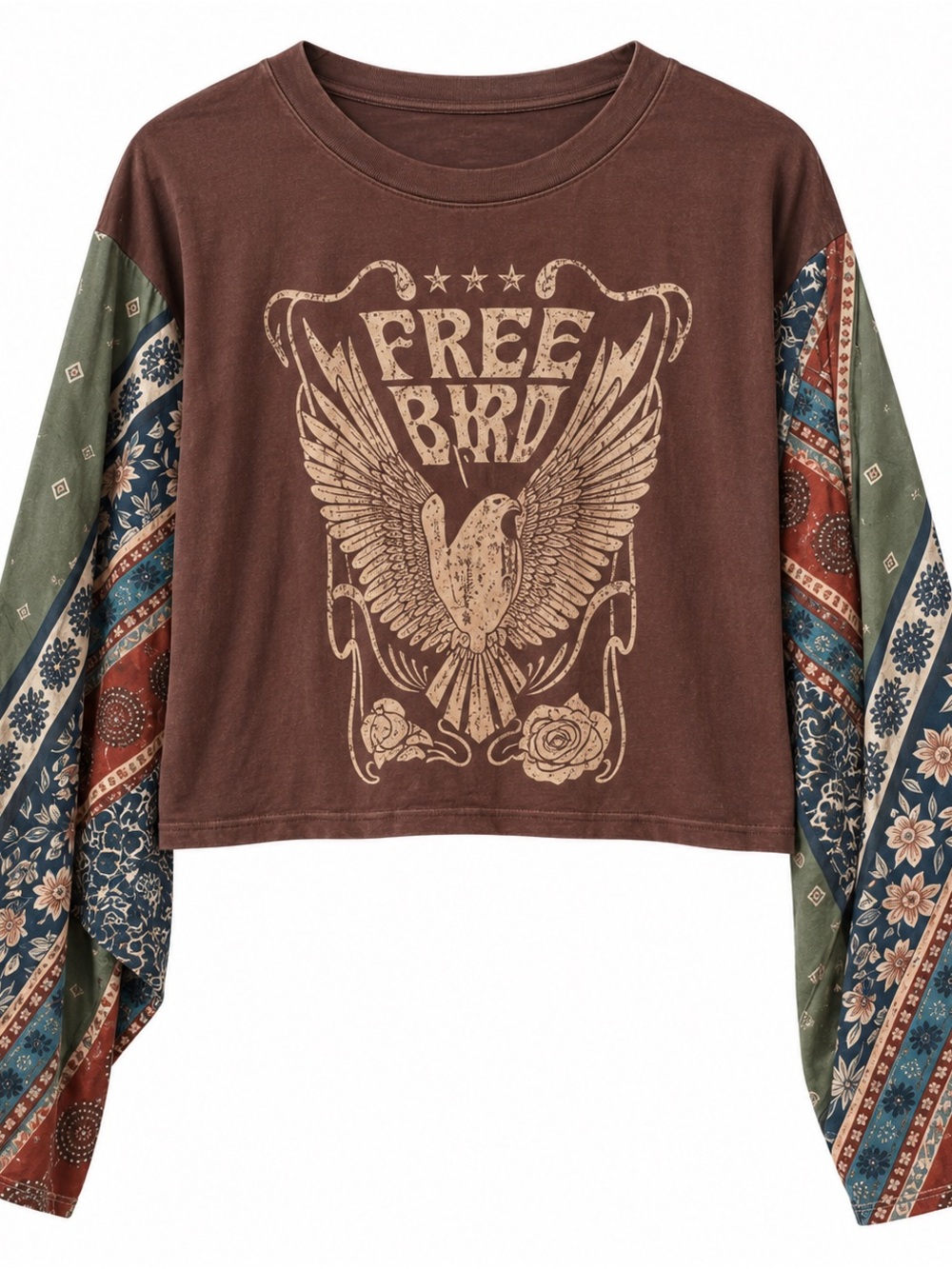 Free Bird Graphic Patchwork Sleeve Crop Tee - Brown